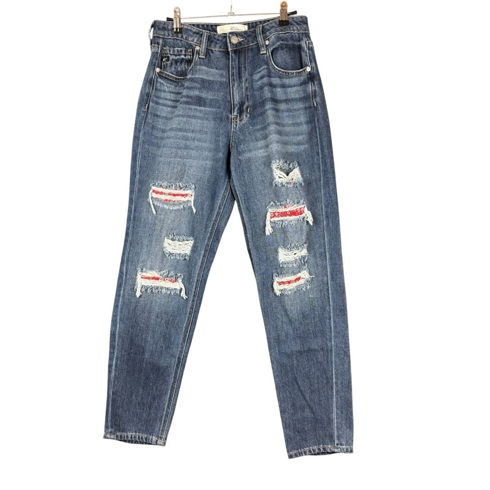 KanCan High Waist Distressed Bandana Patch Straight Jeans Sz 3/25, 27.5” inseam